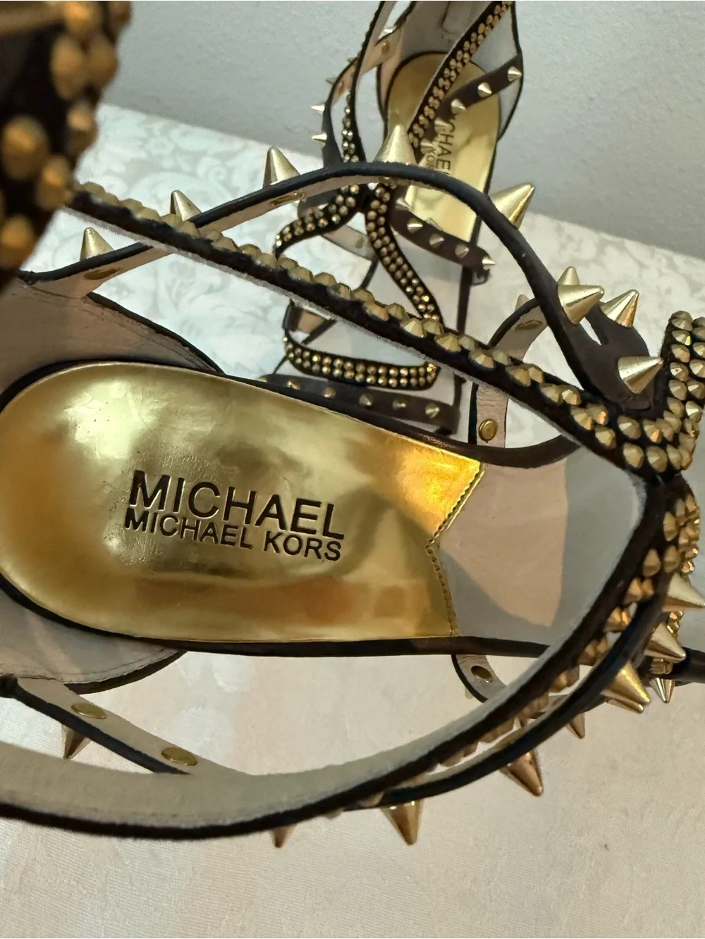 Stunning Michael Kors Brown Studded Crystal Leather Heels Sandals 8.5M (NWOB)